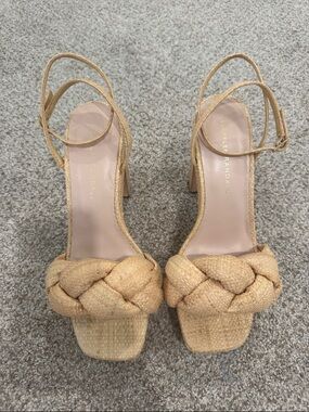 Loeffler Randall Braided Raffia Platform heels in Natural Tan.